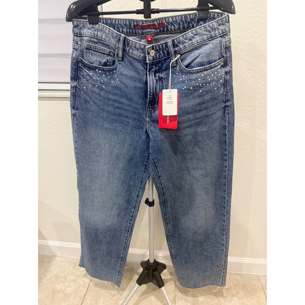 Lucky Brand The Baggy High Rise Studded Wide Leg Jeans Medium Wash 12/31 R NEW